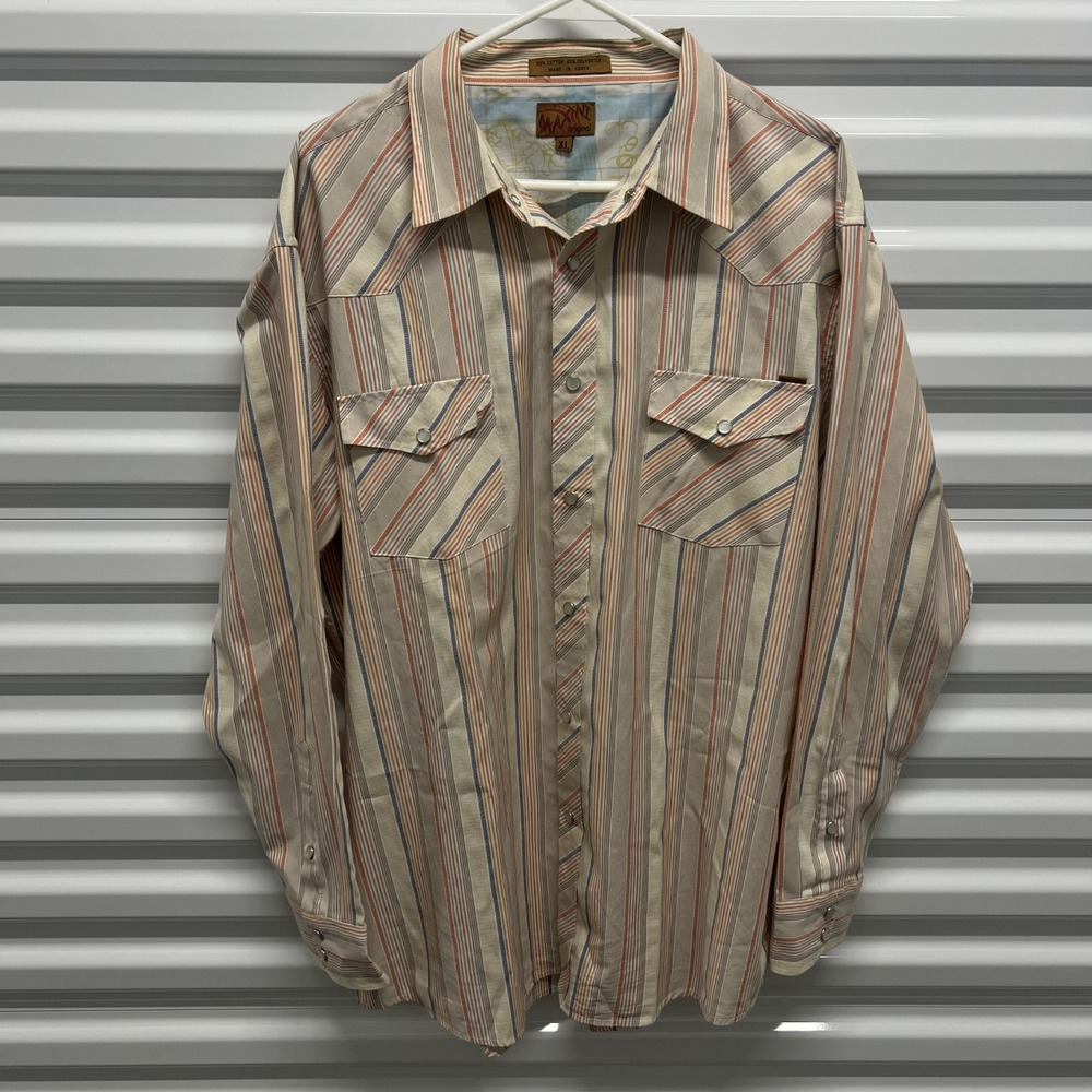 Maxini‎ Original Western Shirt XL Mens Striped Pearl Snap Long Sleeve Tan Orange